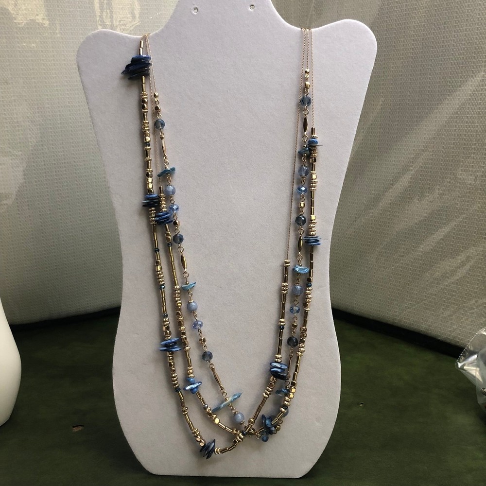 Very Long Triple Strand Goldtone & Blue Painted Shells Necklace 36”